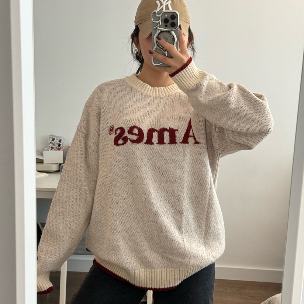 Cream and Burgundy Oversized Sweater